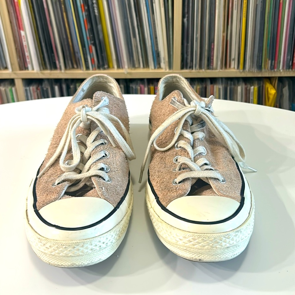 RARE Baby pink suede converse all stars with leather detail.